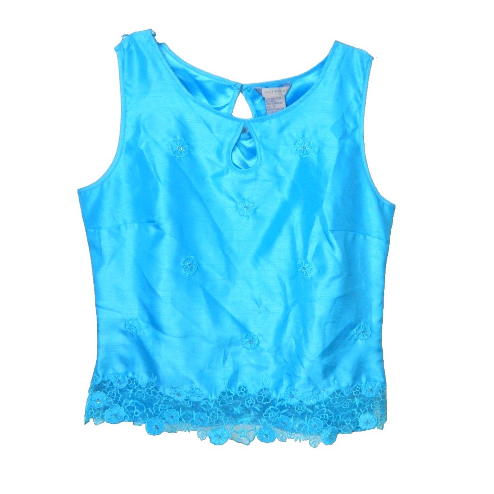 Half Moon Bay Tank Top Vintage Y2K Embroidered Beaded Floral Boxy Tank Blue